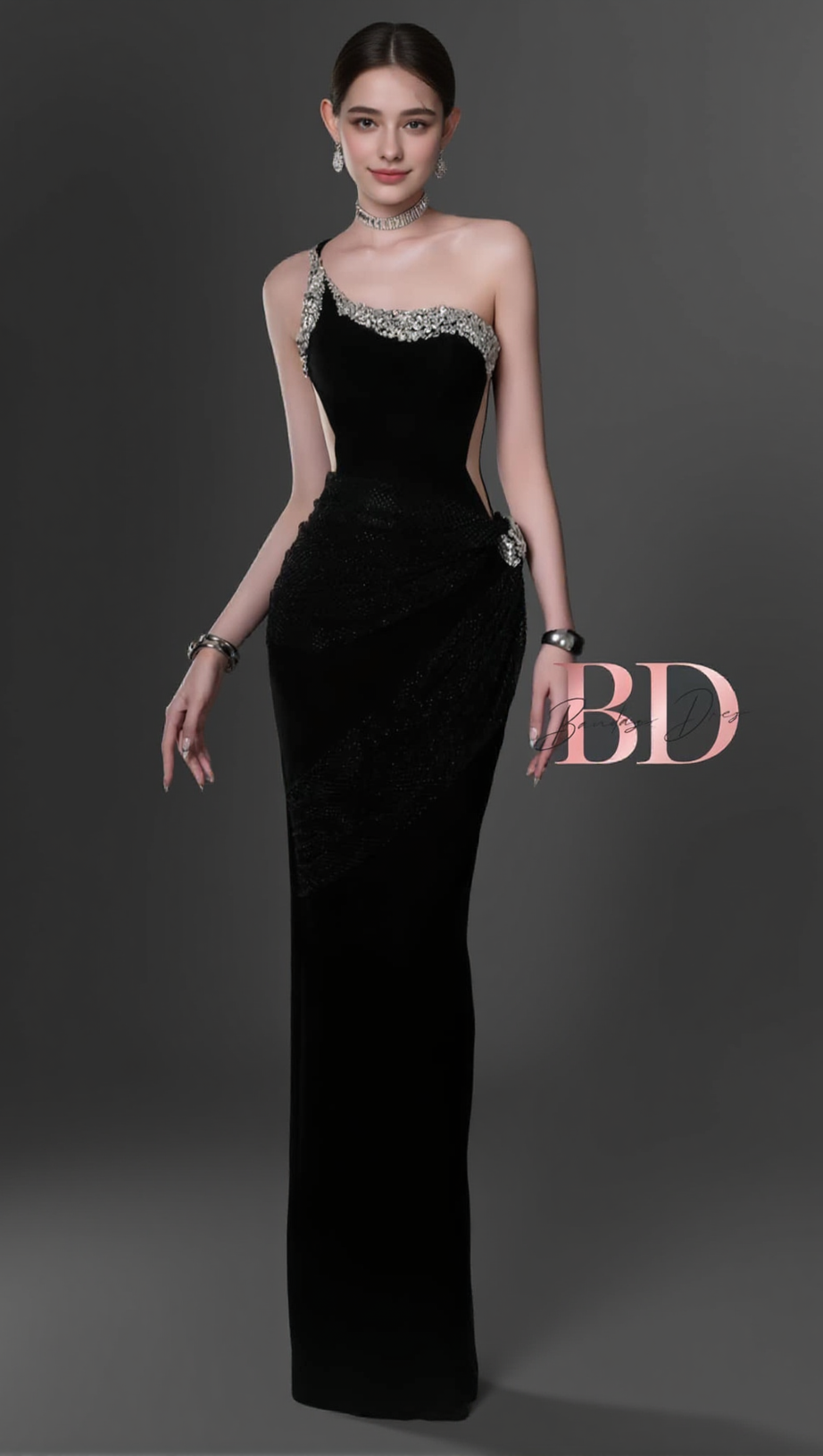 BLACK ONE-SHOULDER DIAMONDS BANDAGE MAXI DRESS