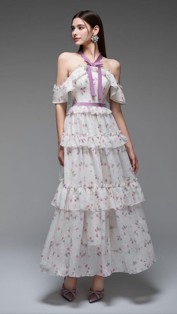 AIIZIE FLORAL PRINT BOW COLLAR RUFFLE FLARED MAXI DRESS - product image
