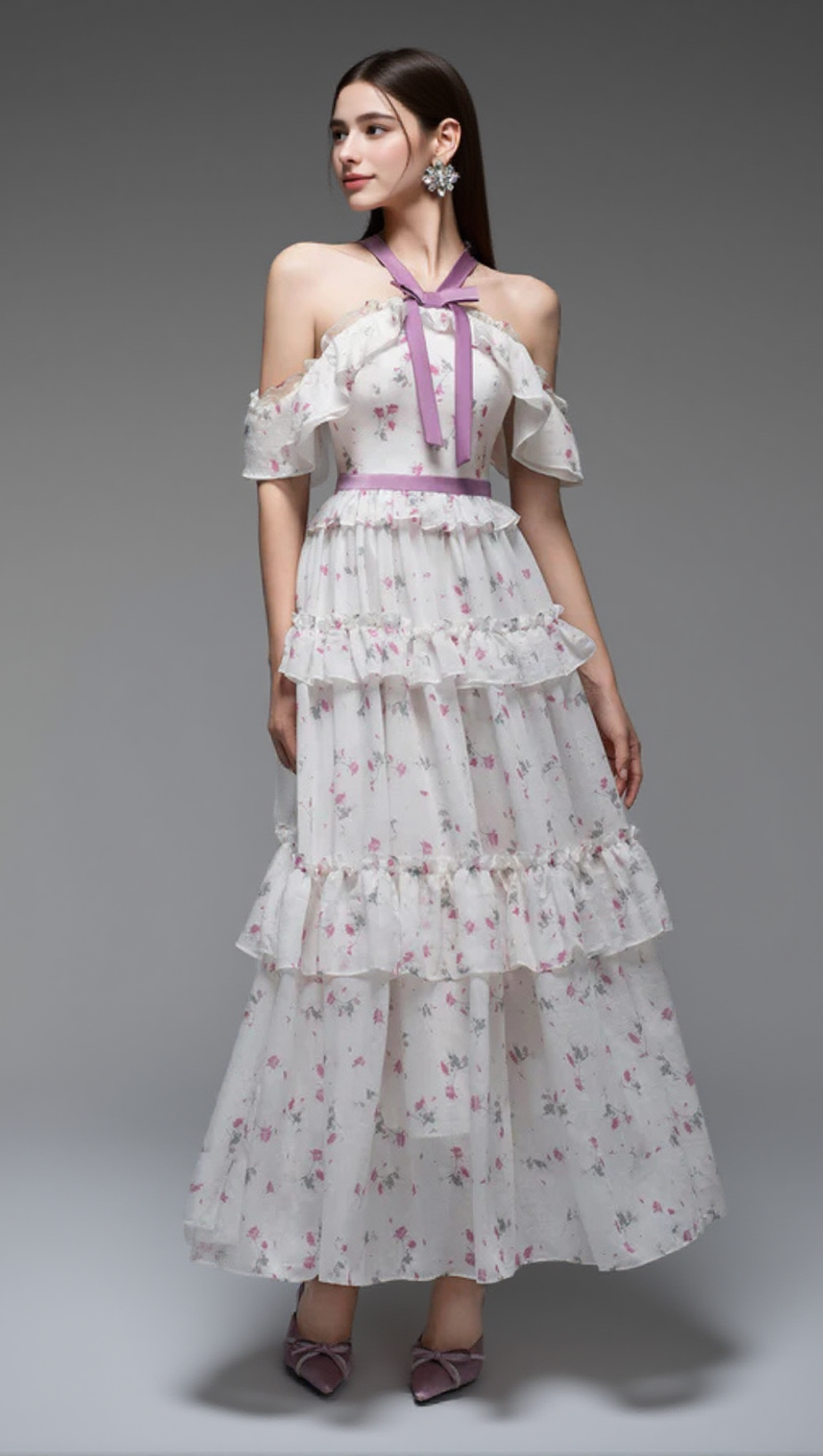 FLORAL PRINT BOW COLLAR RUFFLE FLARED MAXI DRESS