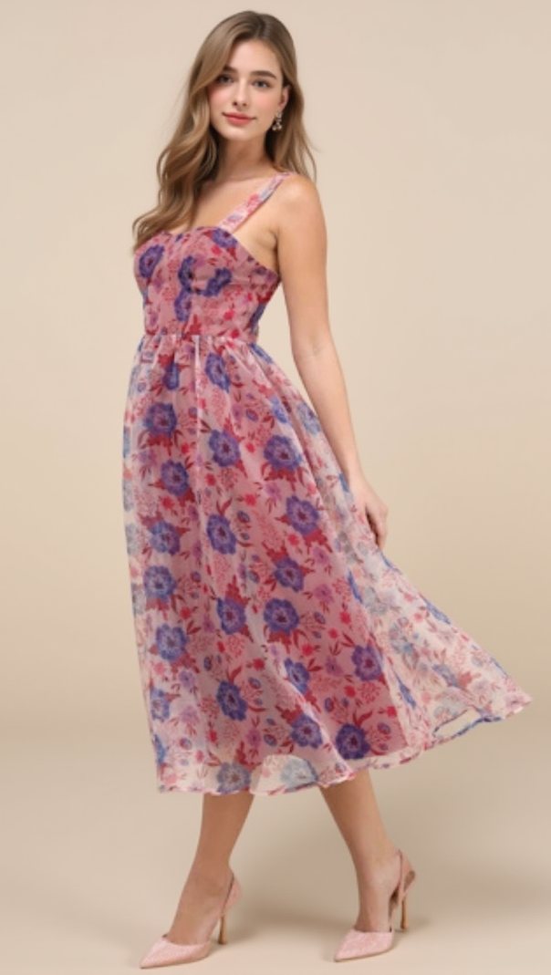 AIIZIE DELIGHTFUL LOOK MAGENTA FLORAL PRINT BUSTIER MIDI SKATER DRESS - product image