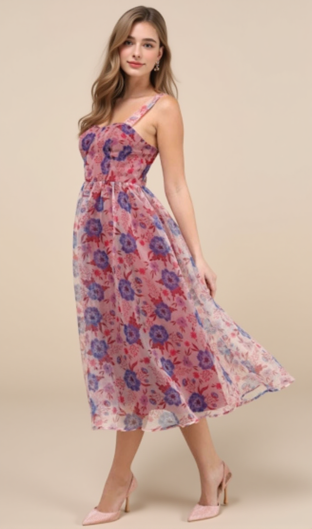 DELIGHTFUL LOOK MAGENTA FLORAL PRINT BUSTIER MIDI SKATER DRESS