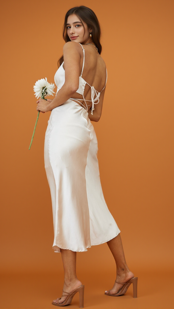 AIIZIE CITY LIGHTS CUT-OUT WAIST STRAPPY BACK MIDI DRESS CHAMPAGNE - product image