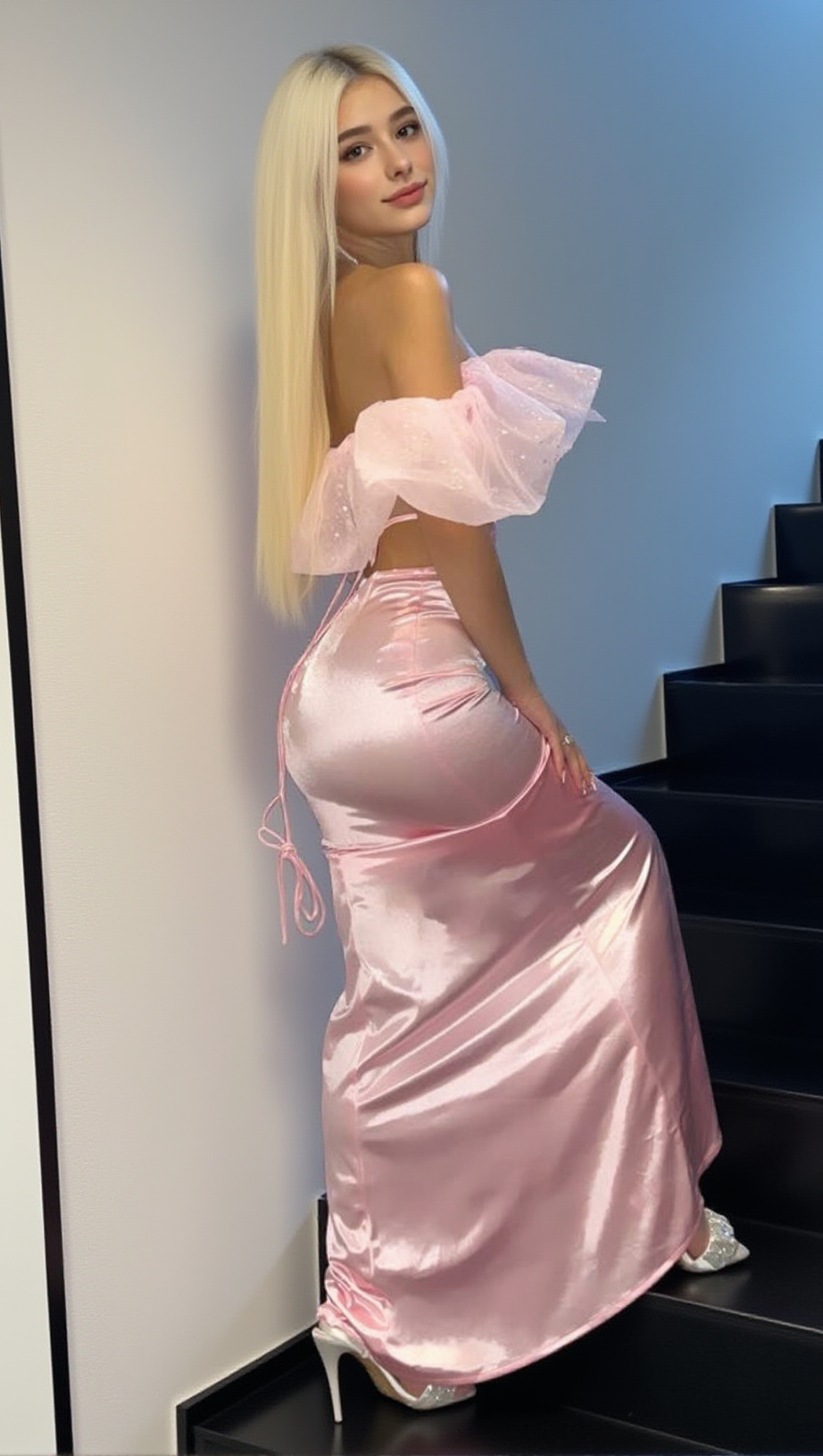 ABITO LUNGO DUE PEZZI CON CORSETTO BARDOT E VOLANT ROSA