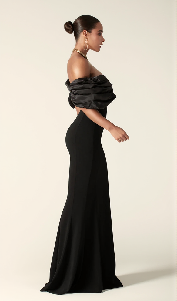 AIIZIE SOPHIA OFF SHOULDER RUCHED MAXI SLIT DRESS IN BLACK - product image