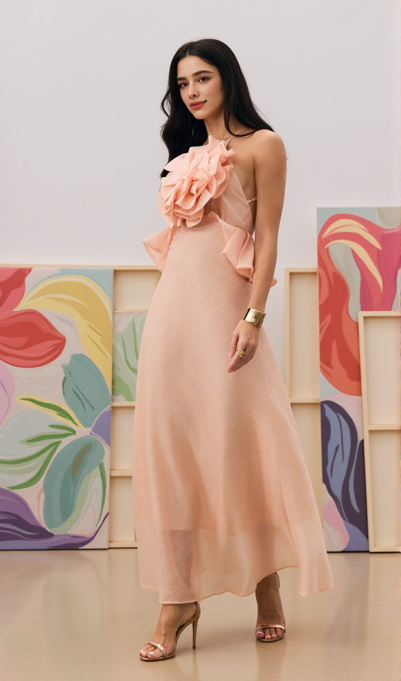 aurora Halter Neck Ruffle Maxi Dress in pink