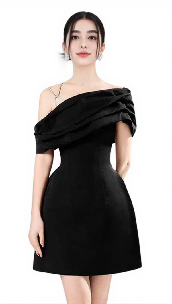 AIIZIE ELLEN ASYMMETRIC NECK TAFFETA MINI DRESS IN BLACK - product image