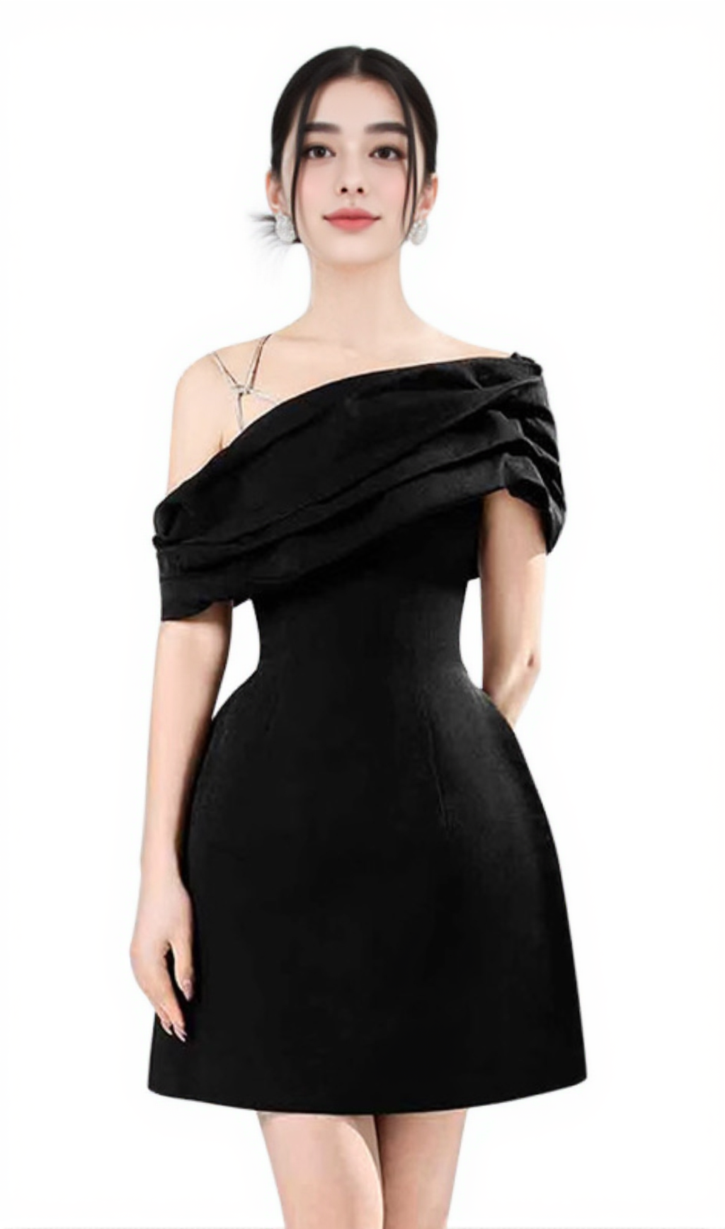 ELLEN ASYMMETRIC NECK TAFFETA MINI DRESS IN BLACK