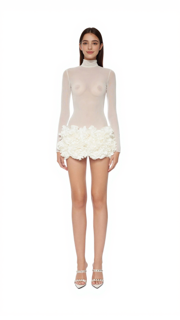 AIIZIE FIONNA FLORAL MESH LONG SLEEVE MINI DRESS - WHITE - product image