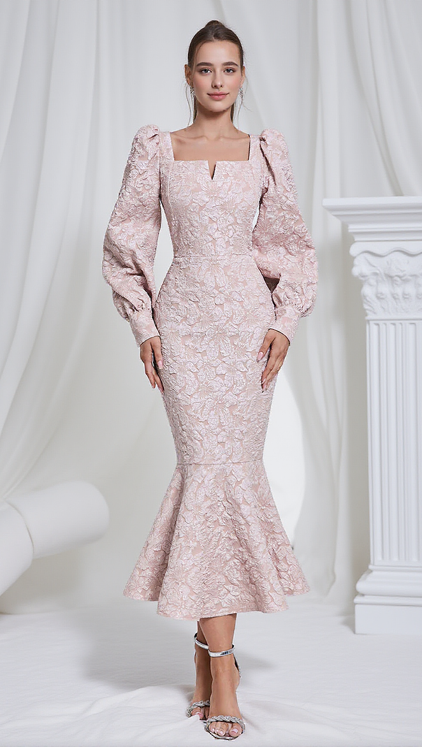 AIIZIE ALICE FLORAL JACQUARD PUFF SLEEVE BODYCON MAXI DRESS IN PINK - product image