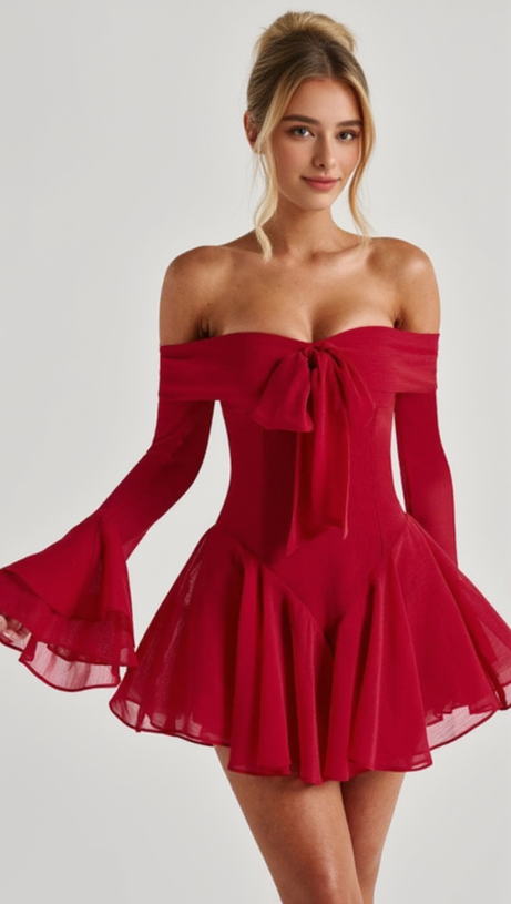 MINI ABITO ROSSO CON MANICHE LUNGHE E LACCI A SPALLE SCOPERTE