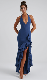Veronique ruffle hem Maxi Dress in Navy