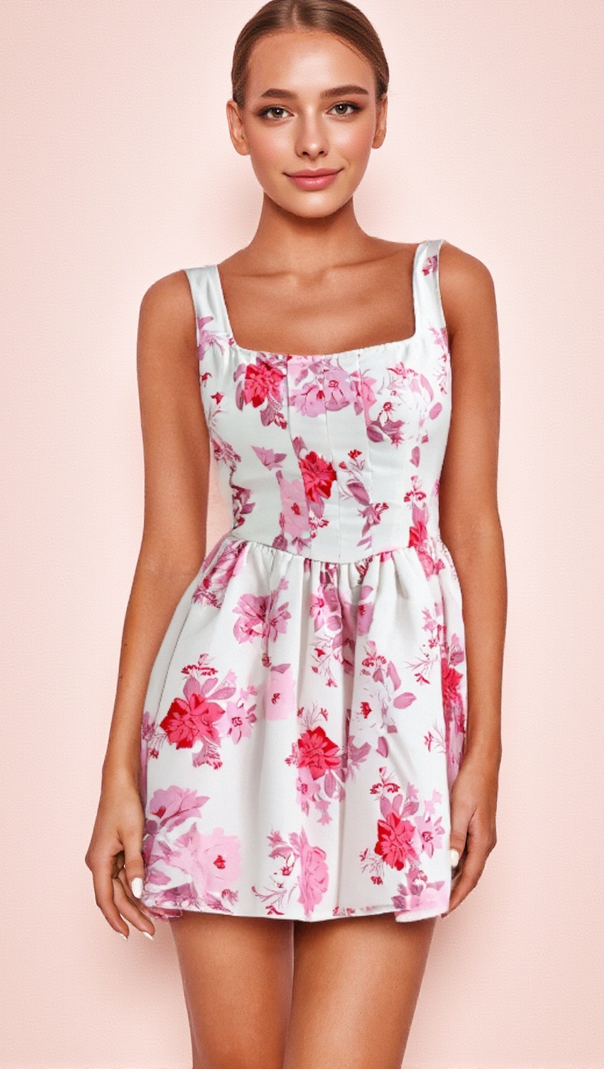 AIIZIE RETALE PINK FLORAL FLARED MINI DRESS - product image