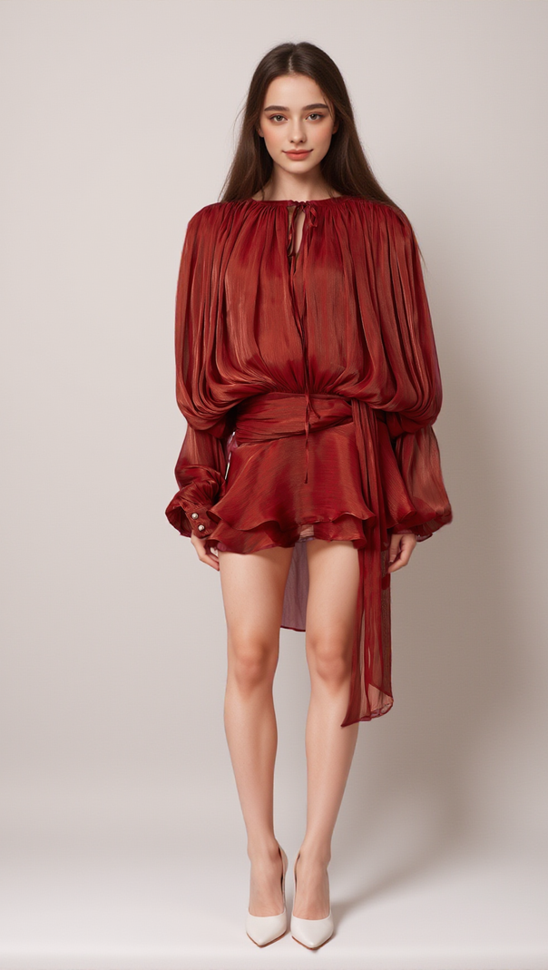 AIIZIE FULLY-PLEATED RUFFLED MINI DRESS IN RED - product image