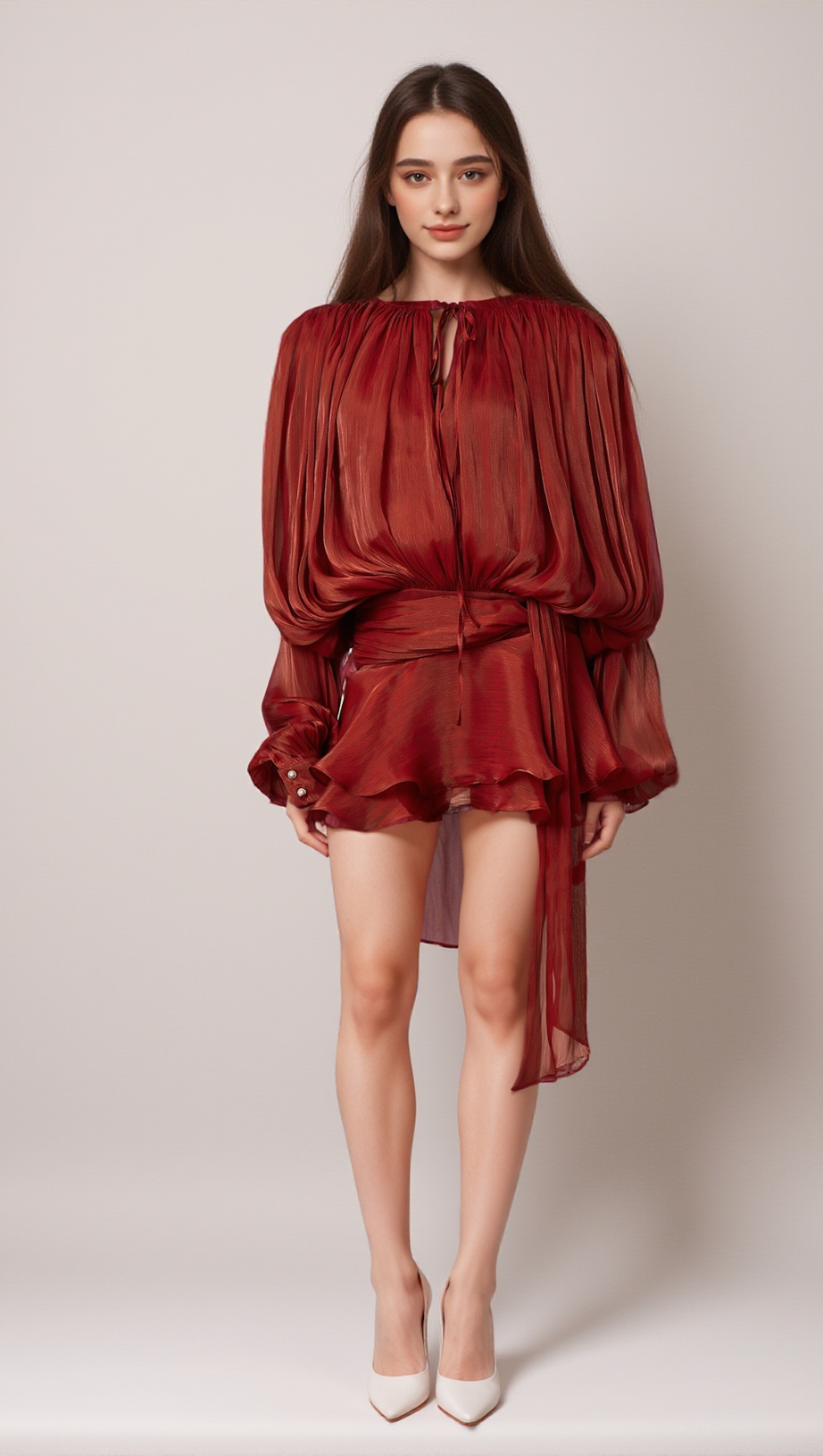 FULLY-PLEATED RUFFLED MINI DRESS IN RED