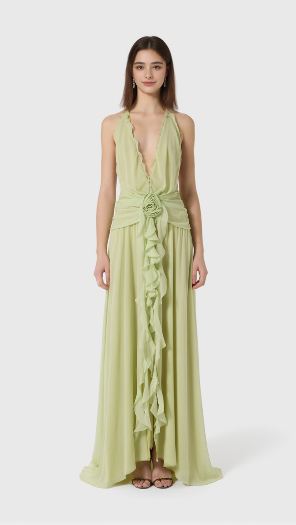 AIIZIE AONAVER FLORAL RUFFLE HALTER MAXI DRESS IN GREEN - product image
