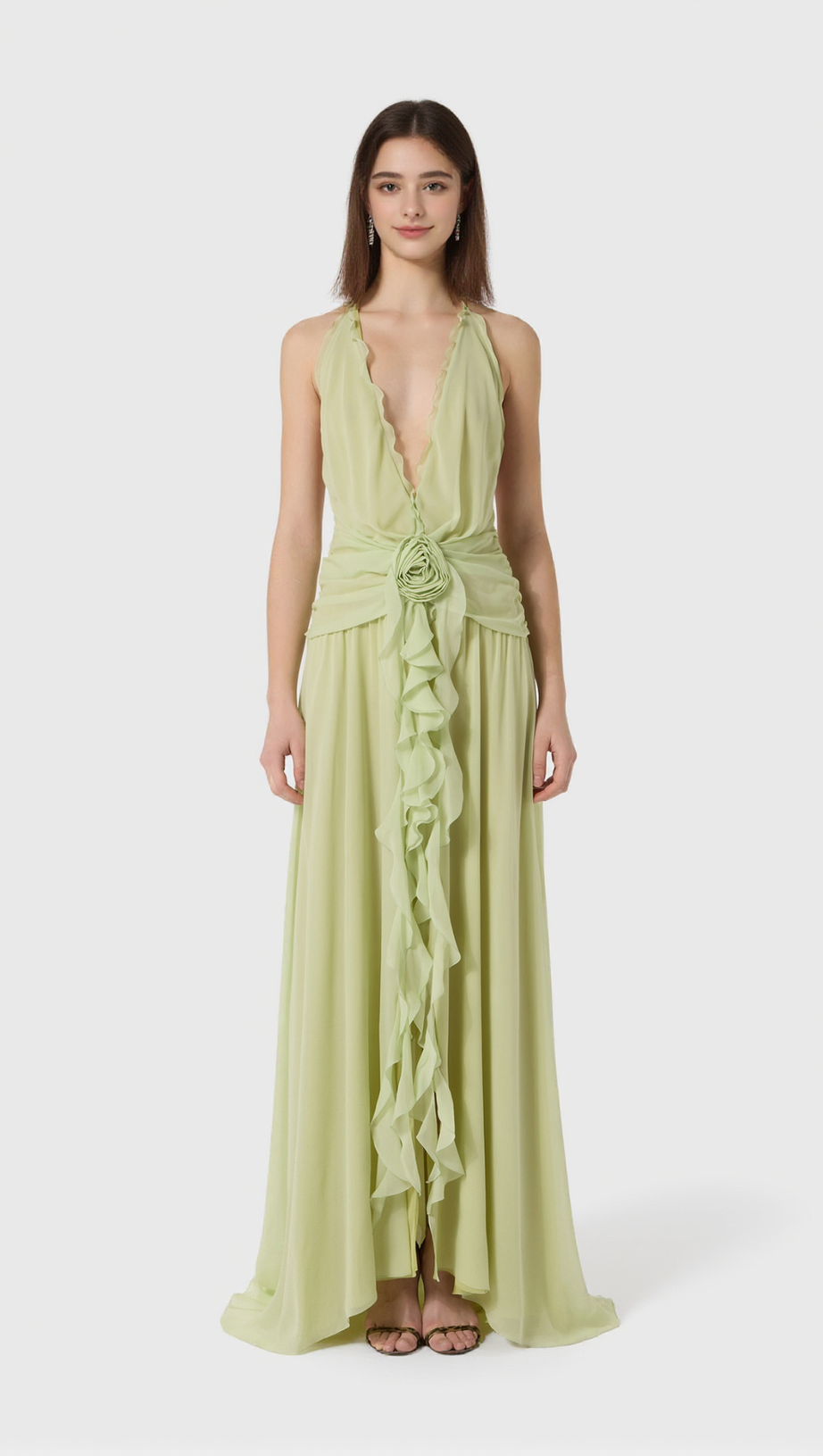 AONAVER FLORAL RUFFLE HALTER MAXI DRESS IN GREEN