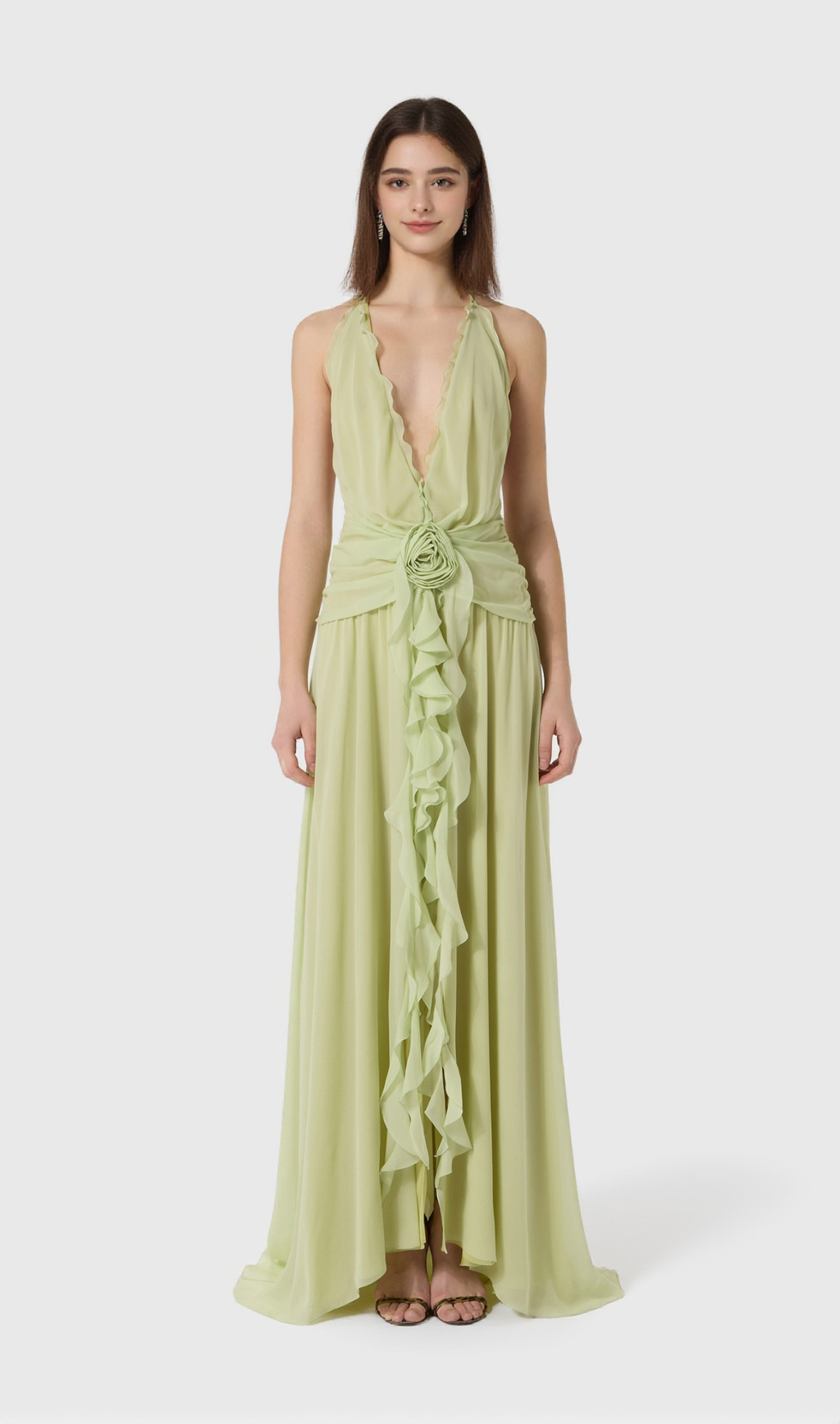 AONAVER FLORAL RUFFLE HALTER MAXI DRESS IN GREEN