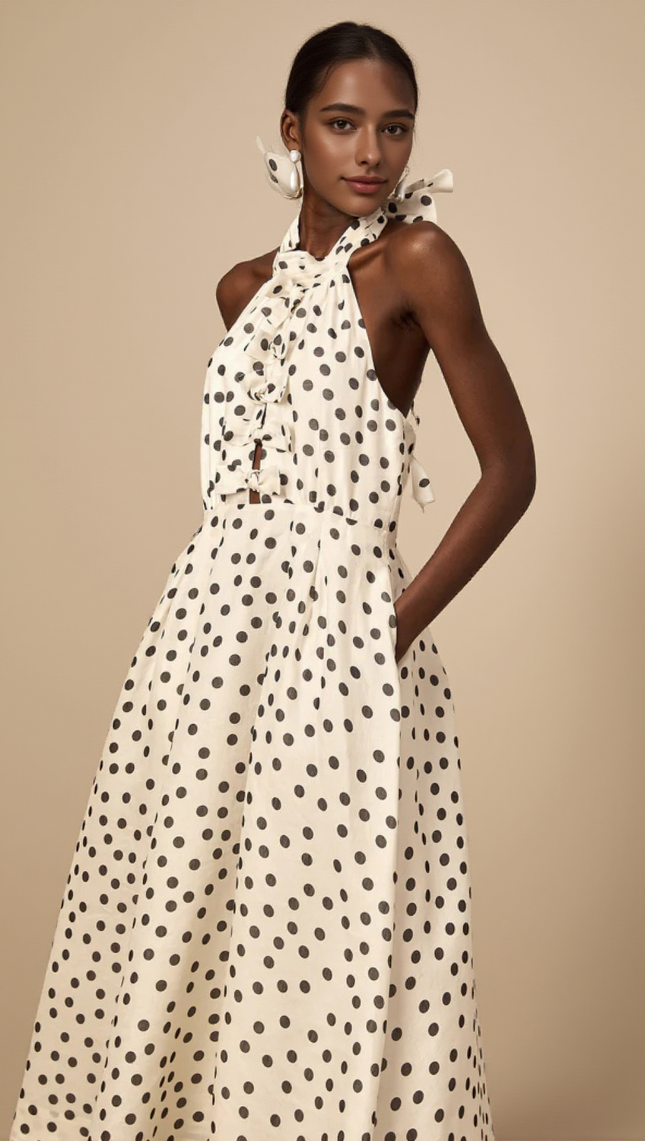 BOW POLKA DOT HALTER NECK MIDI DRESS IN WHITE