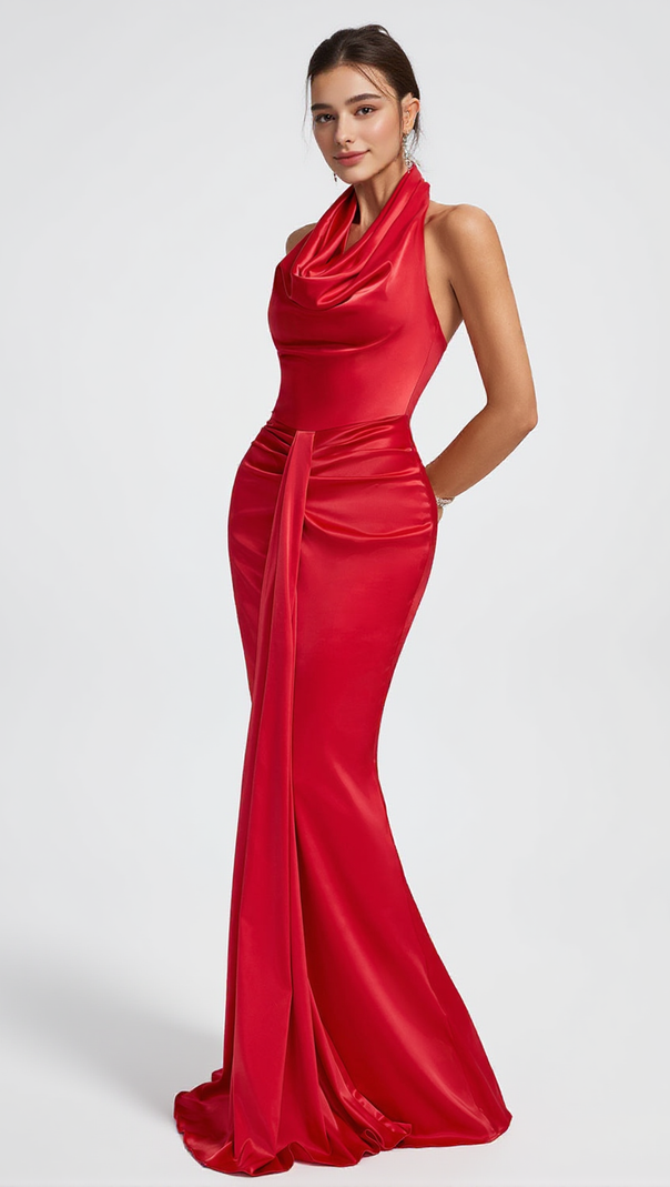 AIIZIE HALTER DRAPED SATIN MERMAID MAXI DRESS IN RED - product image