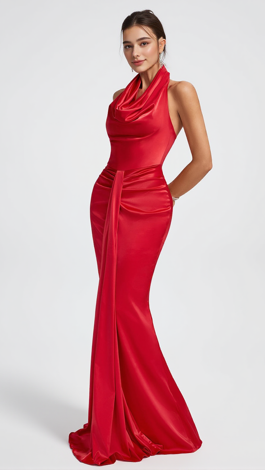 HALTER DRAPED SATIN MERMAID MAXI DRESS IN RED
