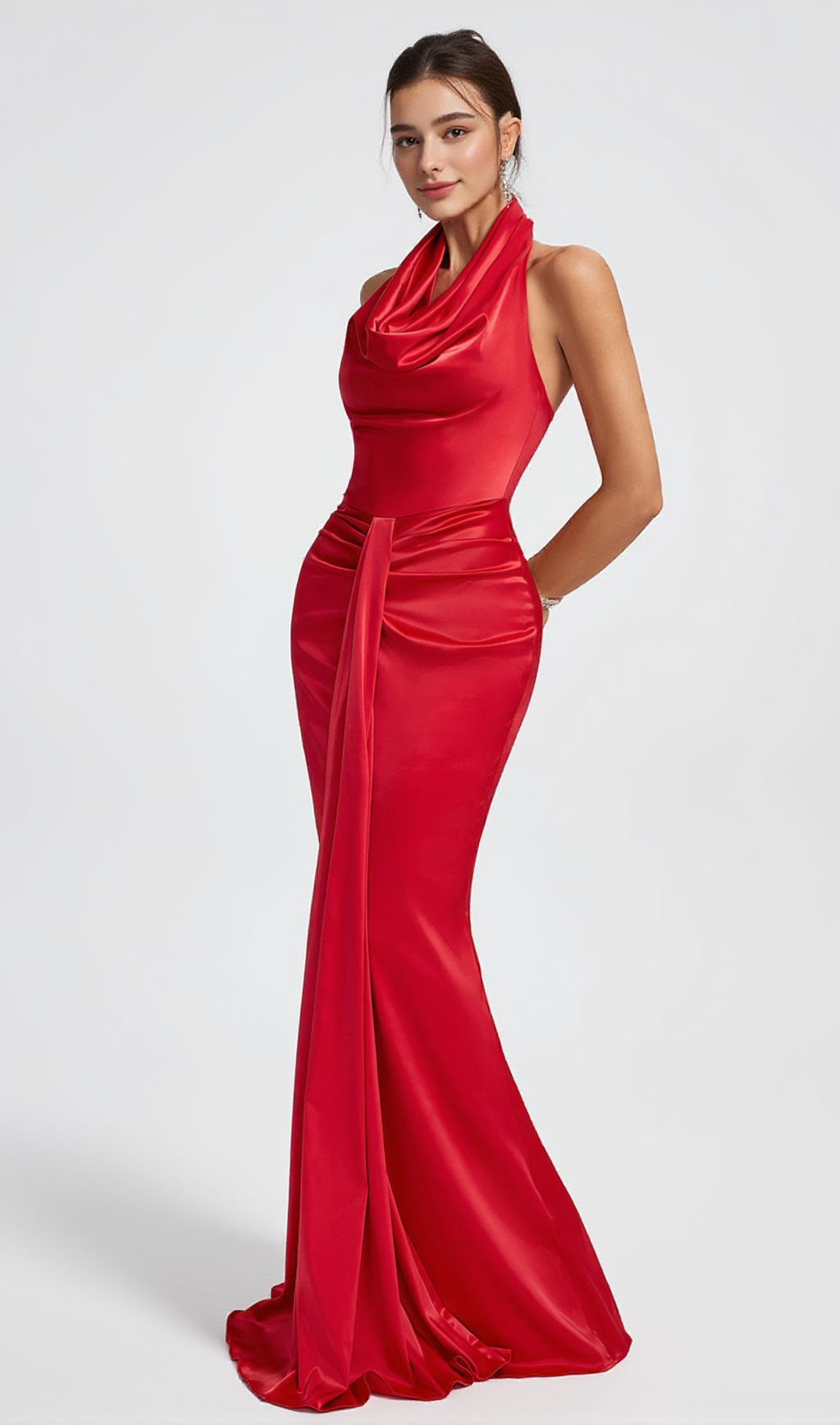 HALTER DRAPED SATIN MERMAID MAXI DRESS IN RED