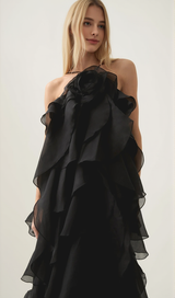 Caysie Halter Floral Ruffle Layered Maxi Dress in Black