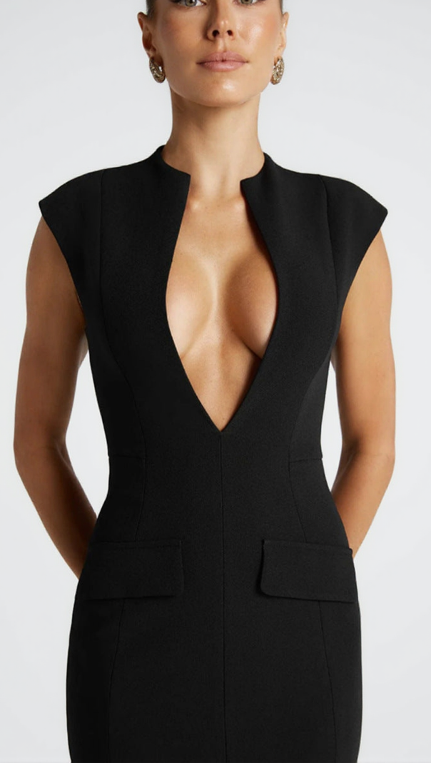AIIZIE NELLIE V-NECK BODYCON MIDI DRESS IN BLACK - product image