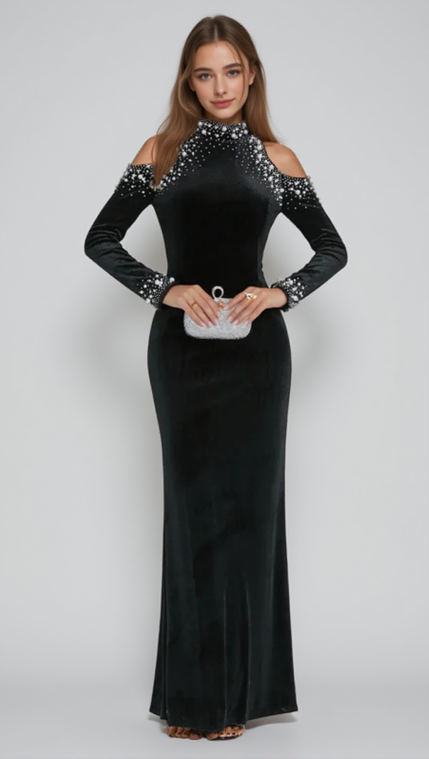 AIIZIE BARBARA SEQUIN EMBELLISHED LONG SLEEVE MAXI DRESS IN BLACK - product image