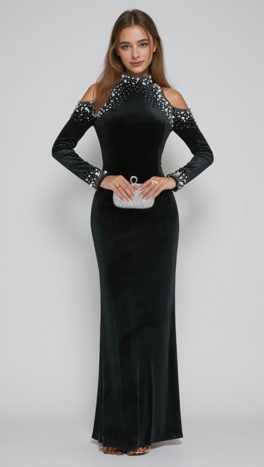 BARBARA SEQUIN EMBELLISHED LONG SLEEVE MAXI DRESS IN BLACK
