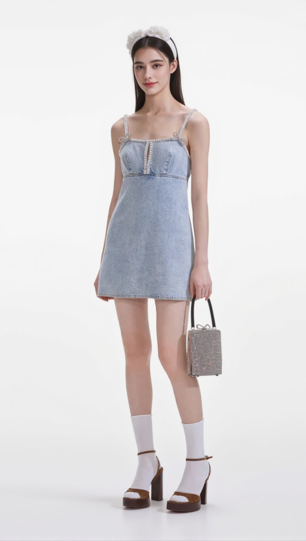 AIIZIE LIGHT BLUE DENIM PEARL MINI DRESS - product image
