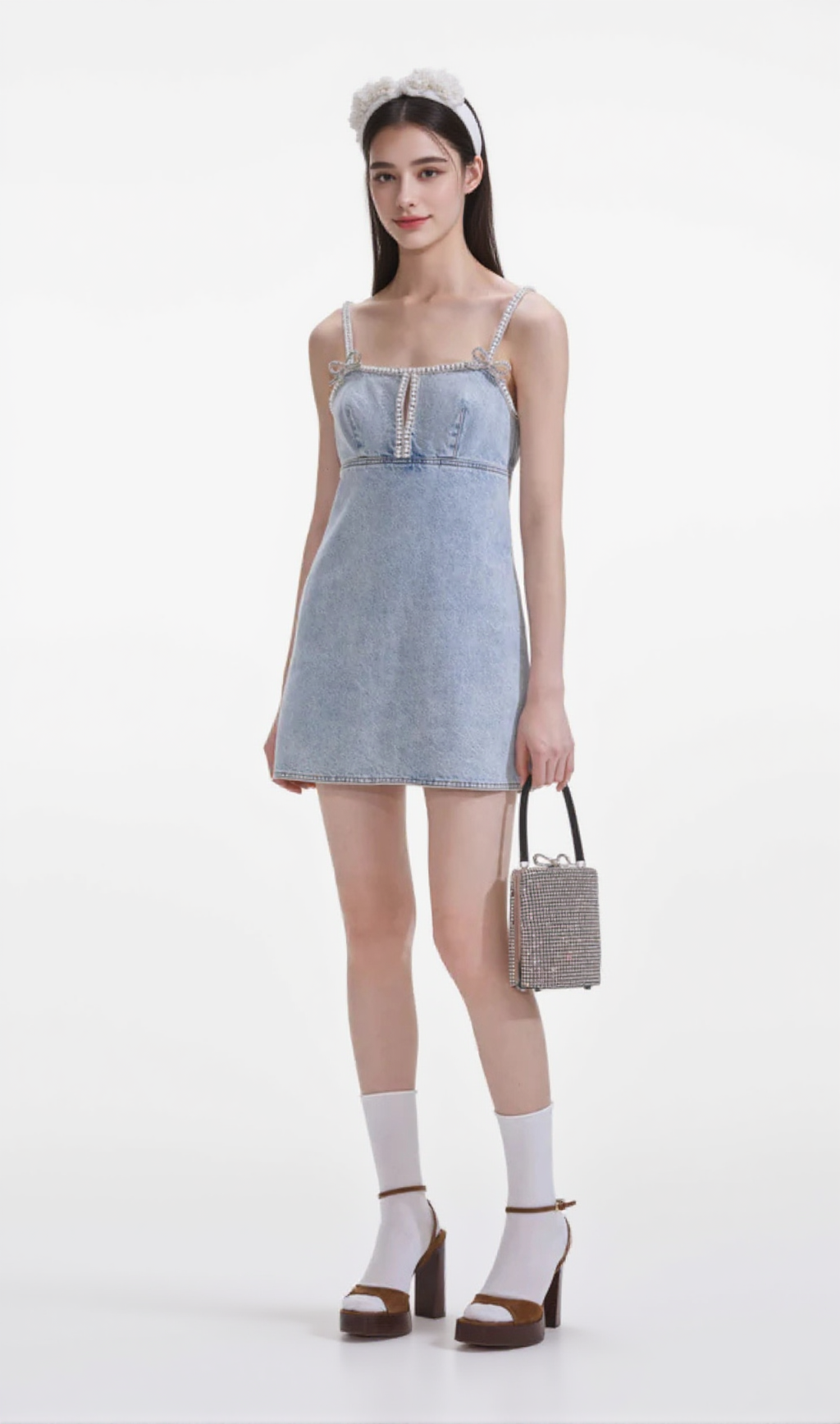 LIGHT BLUE DENIM PEARL MINI DRESS