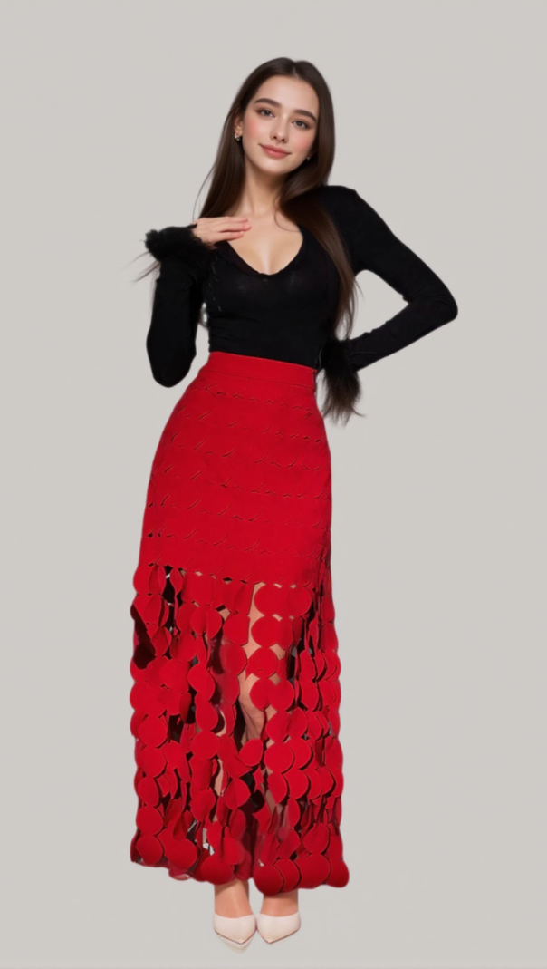 AIIZIE CIRCLE CUTOUT FRINGE SKIRT IN RED - product image