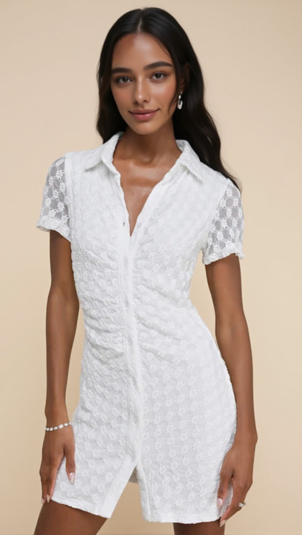 AIIZIE TRULY PRISTINE WHITE MESH FLORAL RUCHED BUTTON-UP MINI DRESS - product image