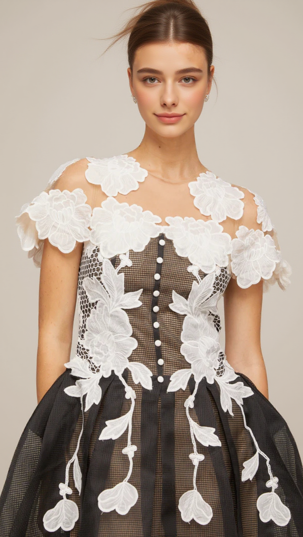 AIIZIE BLACK-WHITE LACE FLOWER EMBELLISHED MINI DRESS - product image