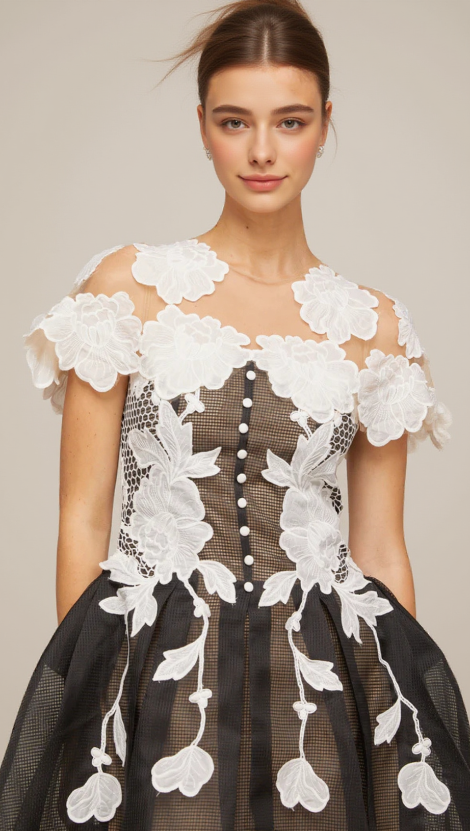 BLACK-WHITE LACE FLOWER EMBELLISHED MINI DRESS