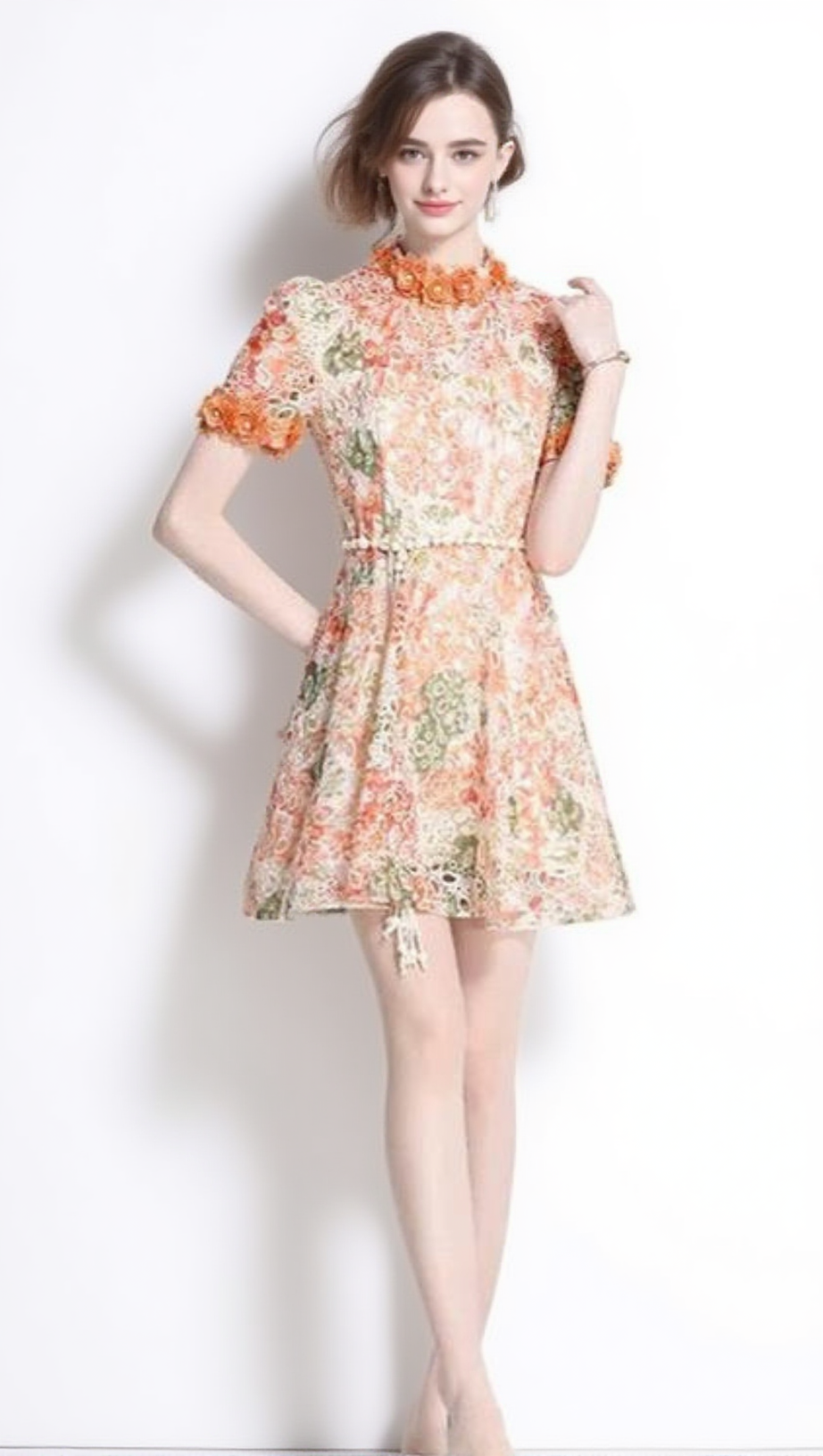 EMBROIDERED HOLLOW FLORAL PUFF SLEEVES MINI DRESS