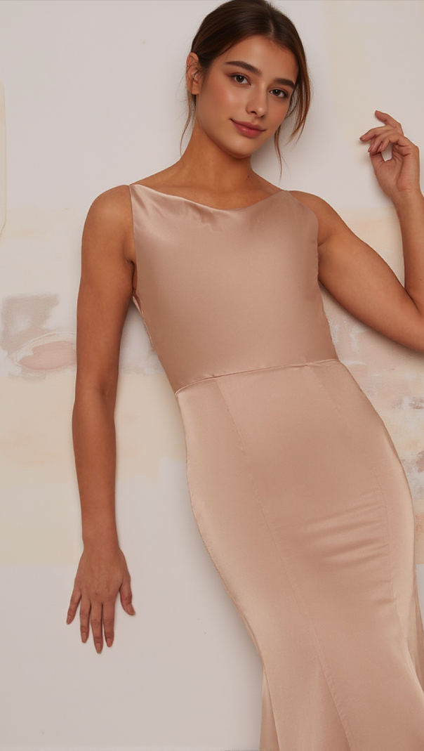 AIIZIE COWL NECK SATIN SLIP MAXI DRESS IN CHAMPAGNE - product image