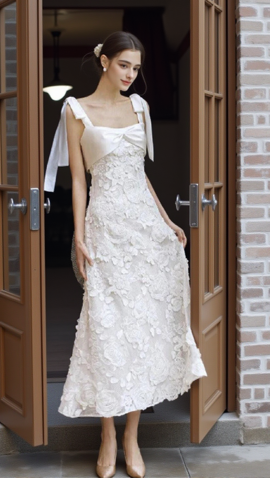 ABITO LUNGO DA SPOSA IN PIZZO CON FIORI BIANCHI ADITI