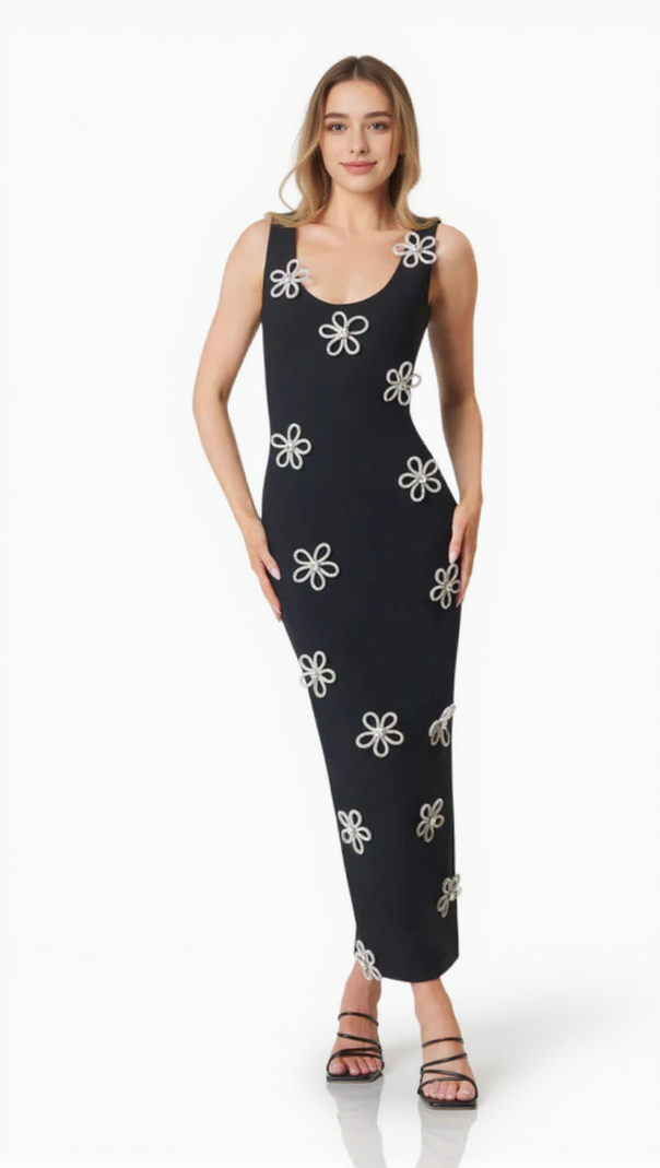 AIIZIE EDMARK FLOWER CRYSTAL EMBELLISHED MIDI BANDAGE DRESS - product image