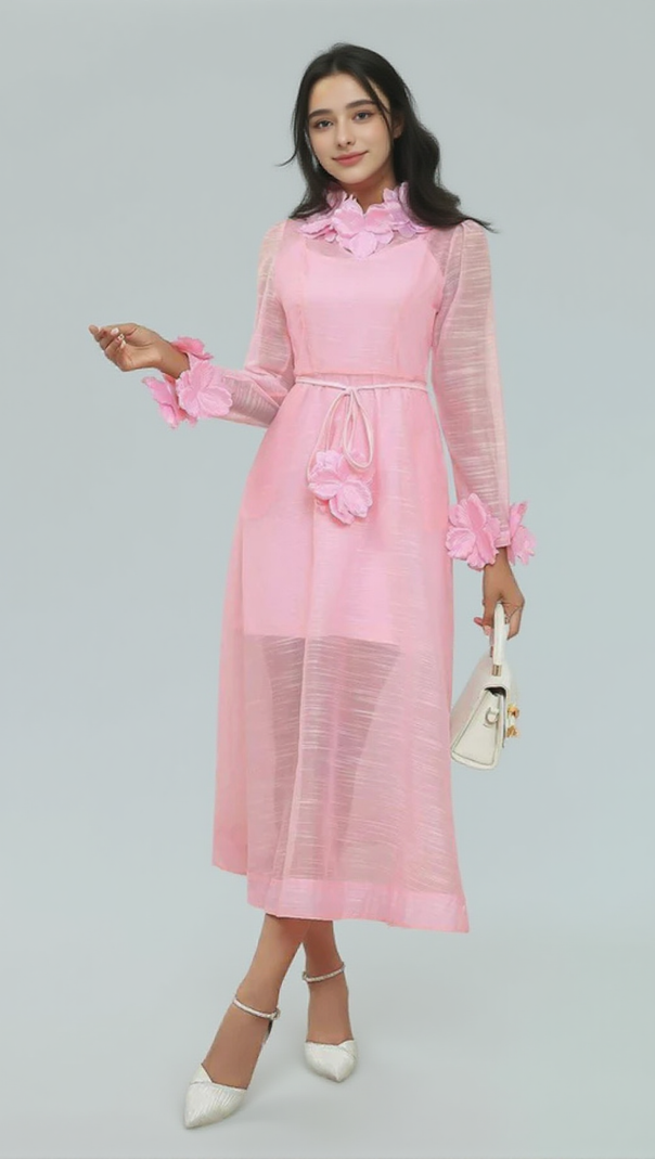 AIIZIE VICKY FLOWER EMBELLISHED LACE MIDI DRESS IN PINK - product image
