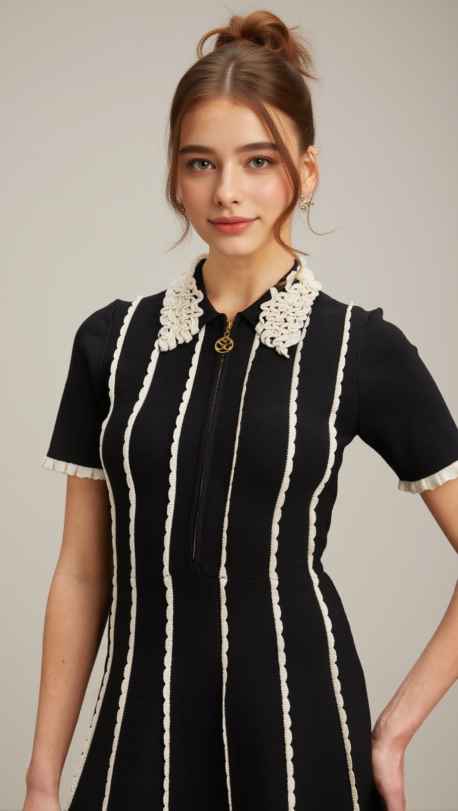 ZAZIE BLACK VERTICAL-STRIPED RUFFLE-TRIM KNIT MINI DRESS