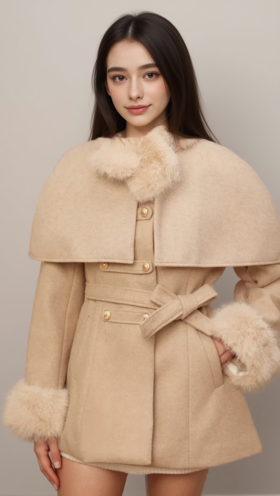 ROSELLA DETACHABLE-CAPE FAUX-FUR COAT