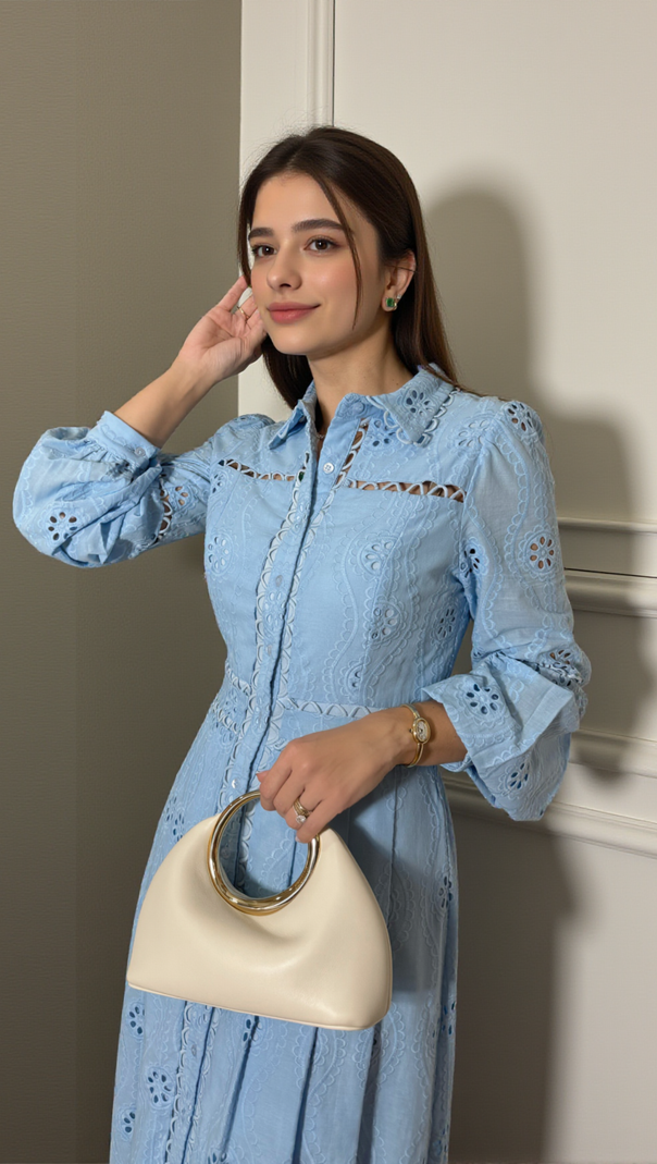 AIIZIE RETRO SINGLE-BREASTED HOLLOW LACE MIDI DRESS IN BLUE - product image