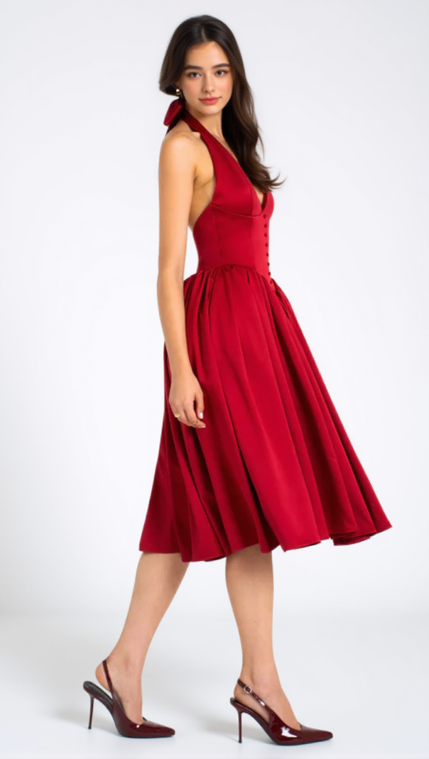 AIIZIE WENDY PLUNGING HALTER BACKLESS MAXI DRESS IN RED - product image