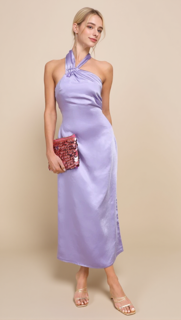 AIIZIE LAVENDER SATIN HALTER SLIP MIDI DRESS - product image