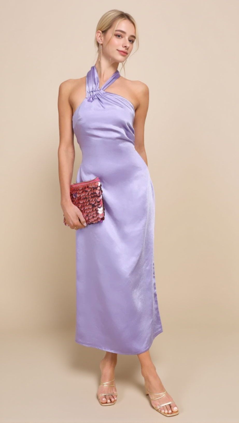 LAVENDER SATIN HALTER SLIP MIDI DRESS