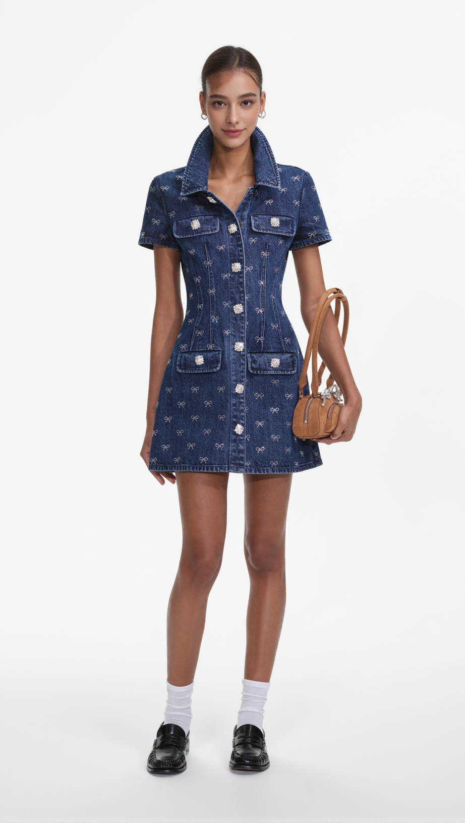 DENIM DIAMANTE BOW COLLARED MINI DRESS