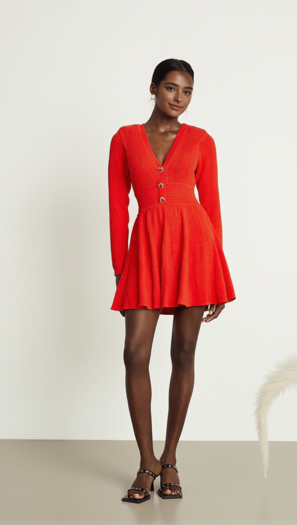 AIIZIE VICTORIA POINTELLE KNIT MINI DRESS IN RED - product image