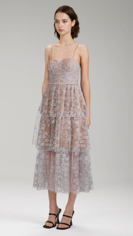 ABITO MIDI BLU CON DECORAZIONI FLOREALI