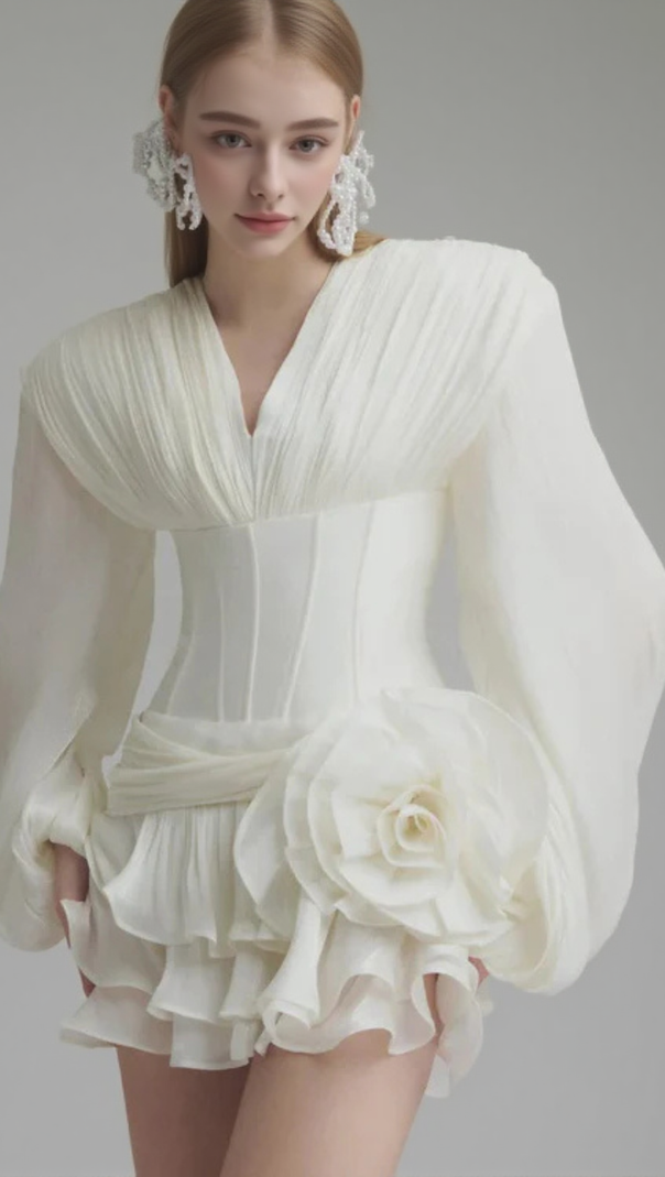 AIIZIE WALLIS 3D FLOWER RUFFLE TRIM MINI DRESS IN WHITE - product image